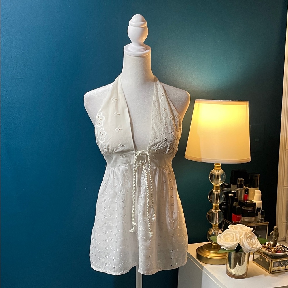 White Halter Neck Embroidered Top